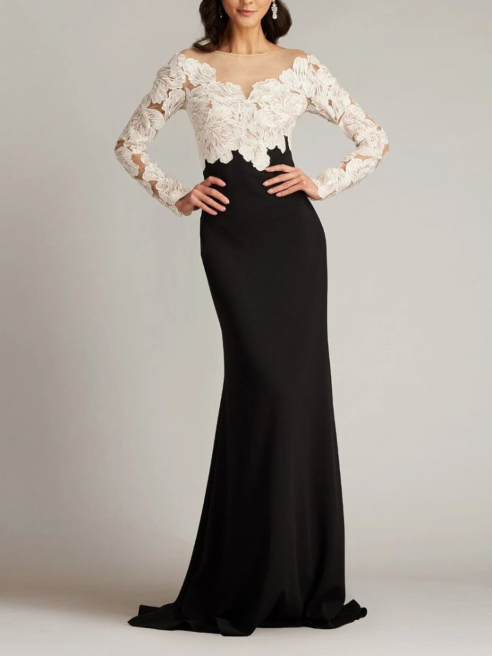 Tadashi Shoji Golie Embroidered Bodice Illusion Gown Ivory Black size 16 NWOT